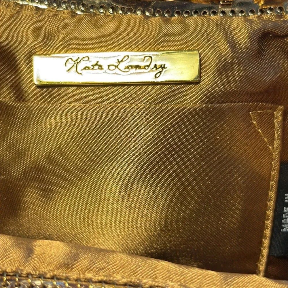 Kate Landry Copper Metal Mesh Evening Clutch Bag Rhinestone Orb Kiss Lock Gold